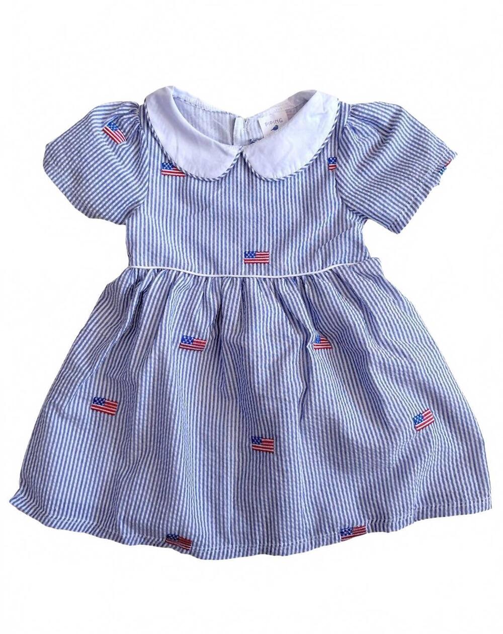 NEW PIPING PRINTS girl's seersucker with american flags pan collar dress in blue